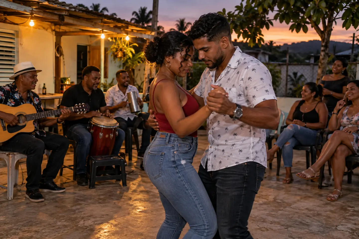 Couple dancing to live Dominican music at an open-air gathering