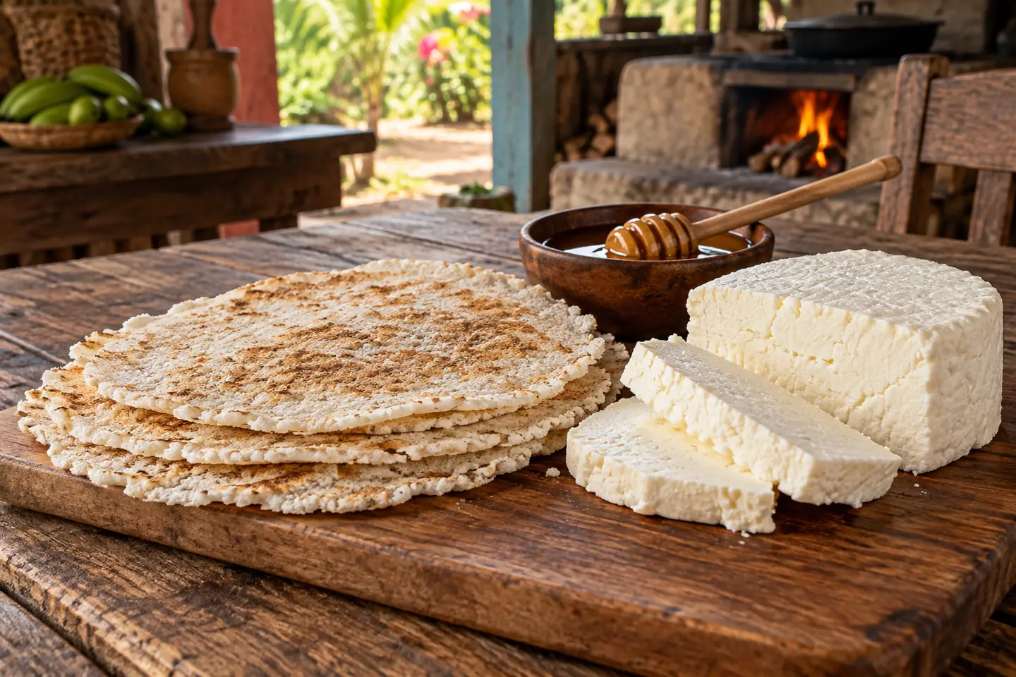 Round cassava casabe bread served beside fresh white queso de hoja