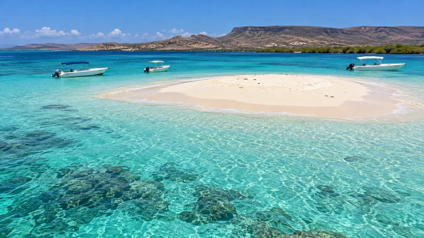 Small white sandbar surrounded by clear water off the coast of Montecristi