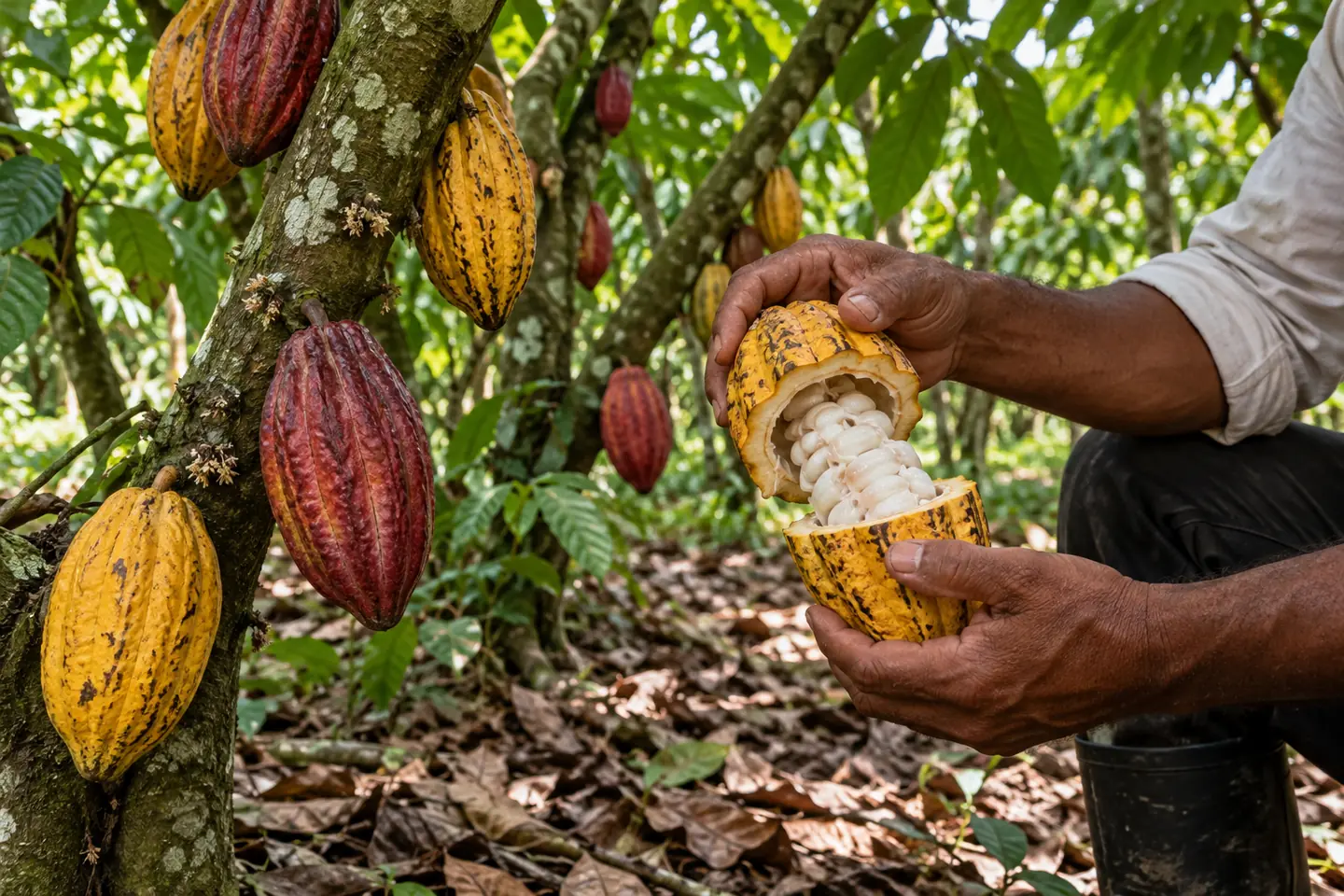 Ripe cacao pods and white cacao pulp on a small Dominican farm