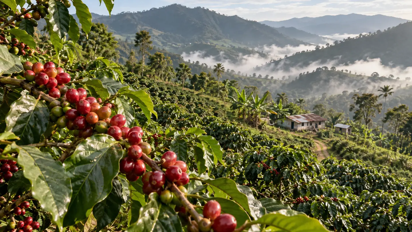 Coffee cherries growing on a hillside farm in the Dominican highlands