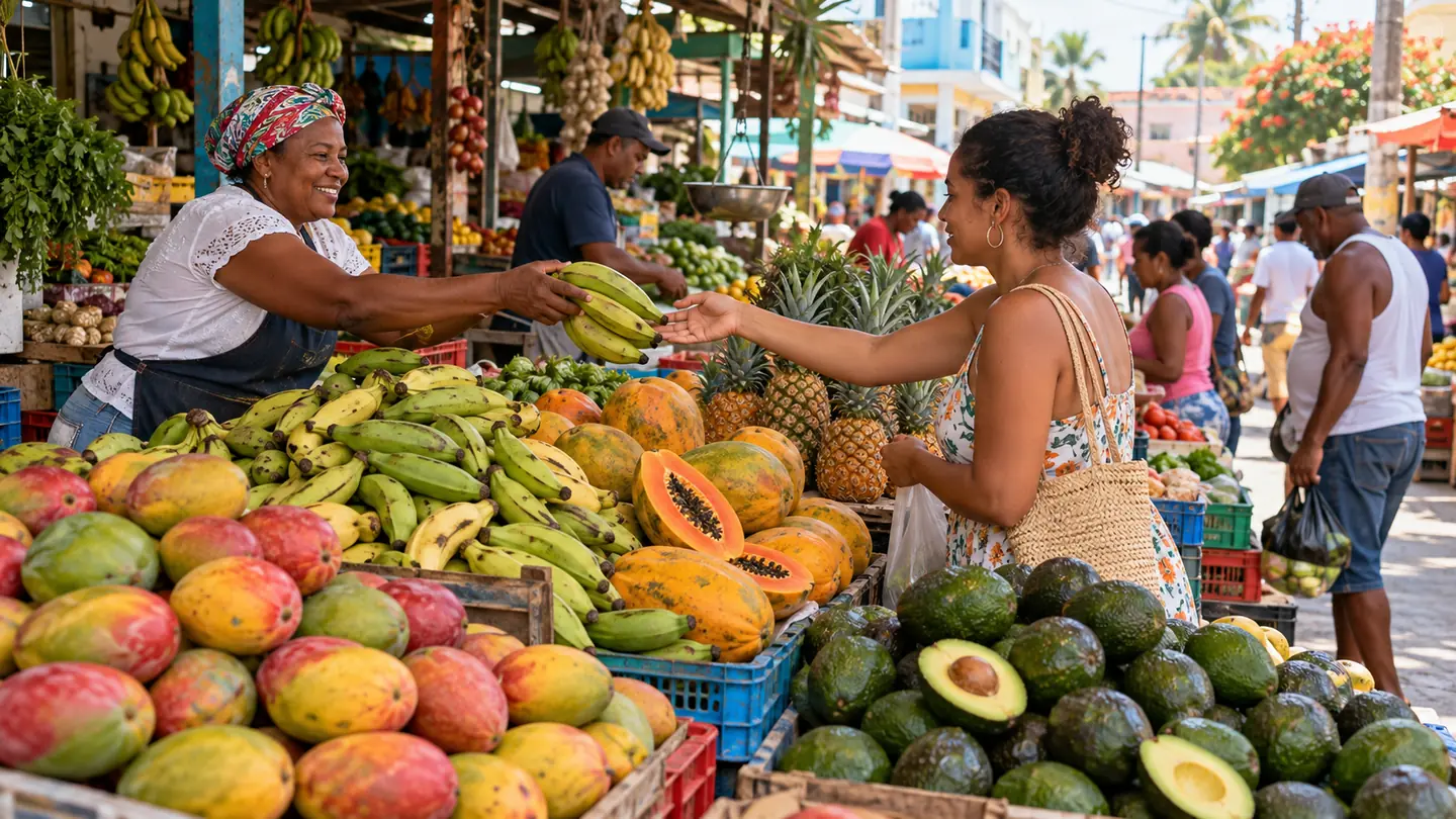 A lively Dominican market scene while travelers prepare local contact details