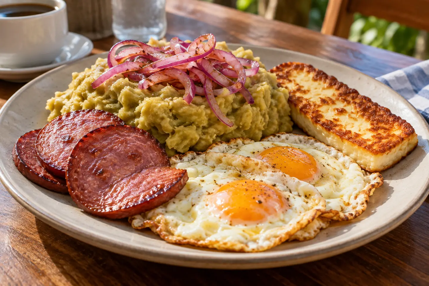 Dominican breakfast of mashed green plantains, red onions, eggs, cheese and salami