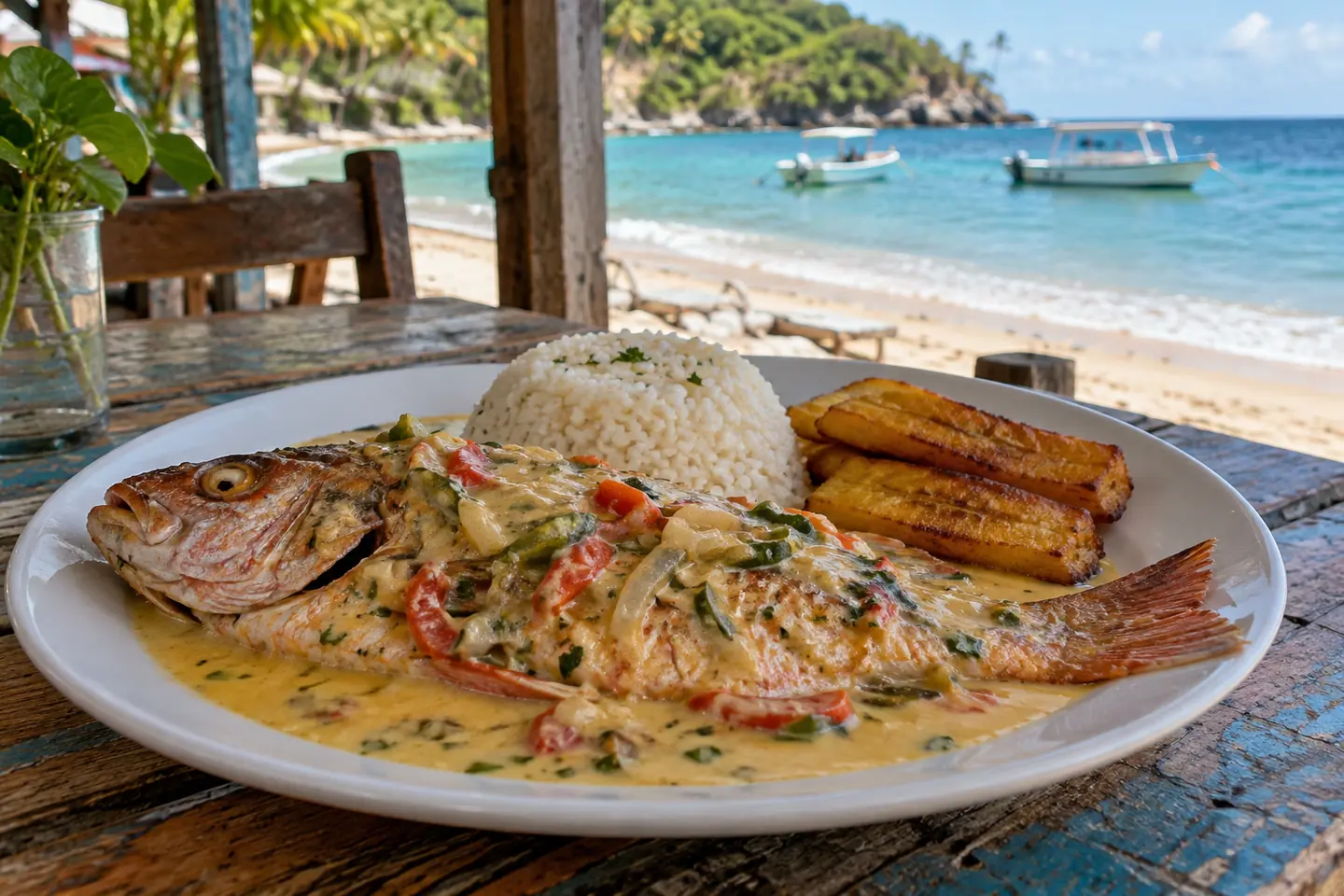 Caribbean fish served with coconut sauce, rice and plantain at a coastal Dominican restaurant