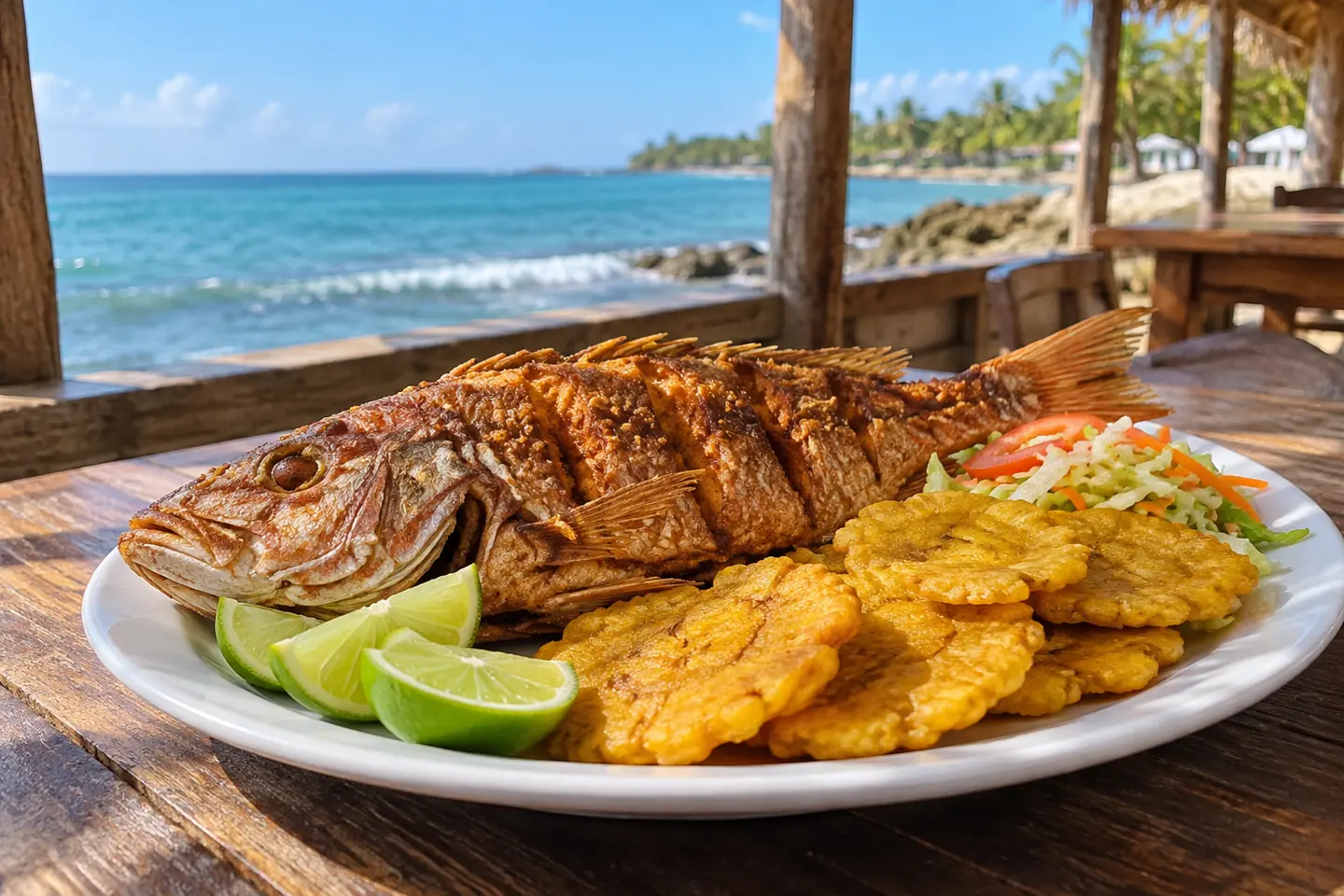 Golden fried fish with crispy tostones and lime at a coastal Dominican eatery