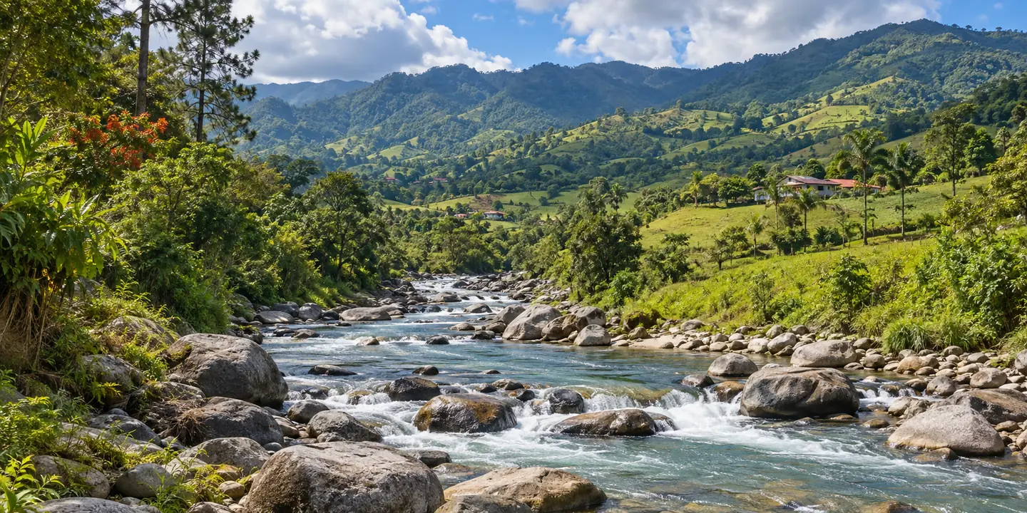 Mountain river and green highlands in Jarabacoa in the Dominican Republic