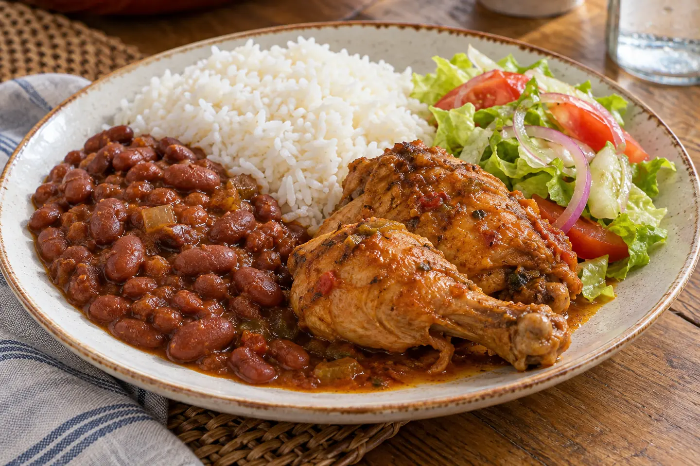 Dominican La Bandera lunch with rice, beans, stewed chicken and salad