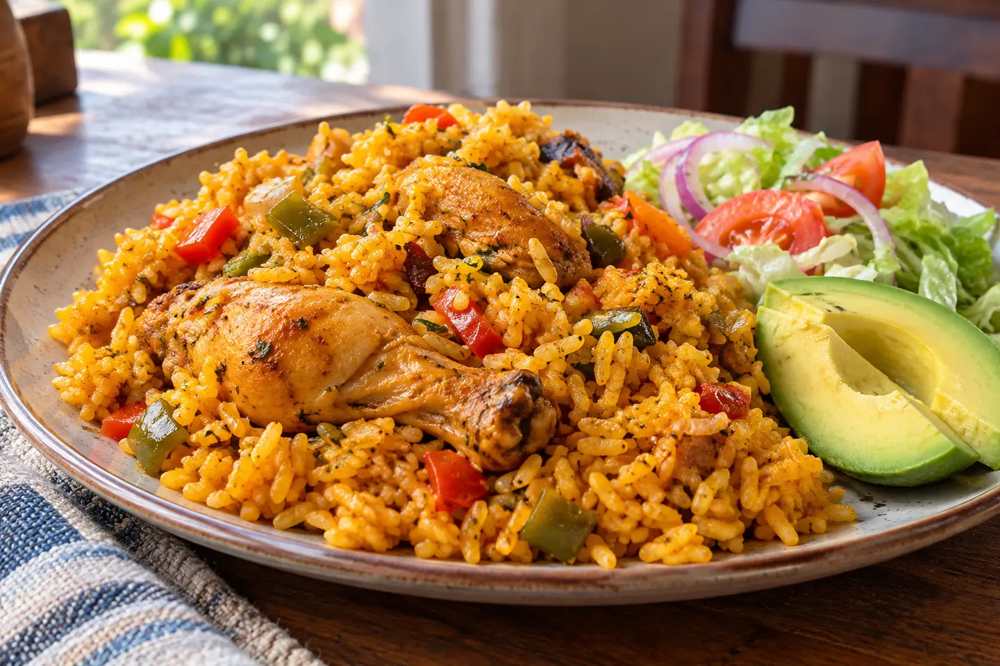 A plate of Dominican locrio de pollo with chicken and seasoned rice