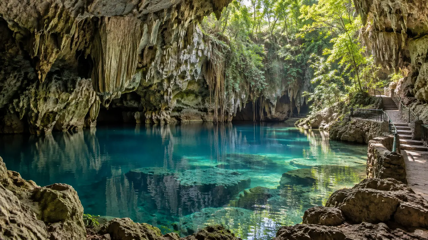 Limestone paths and lake inside Los Tres Ojos, a nature stop in Santo Domingo