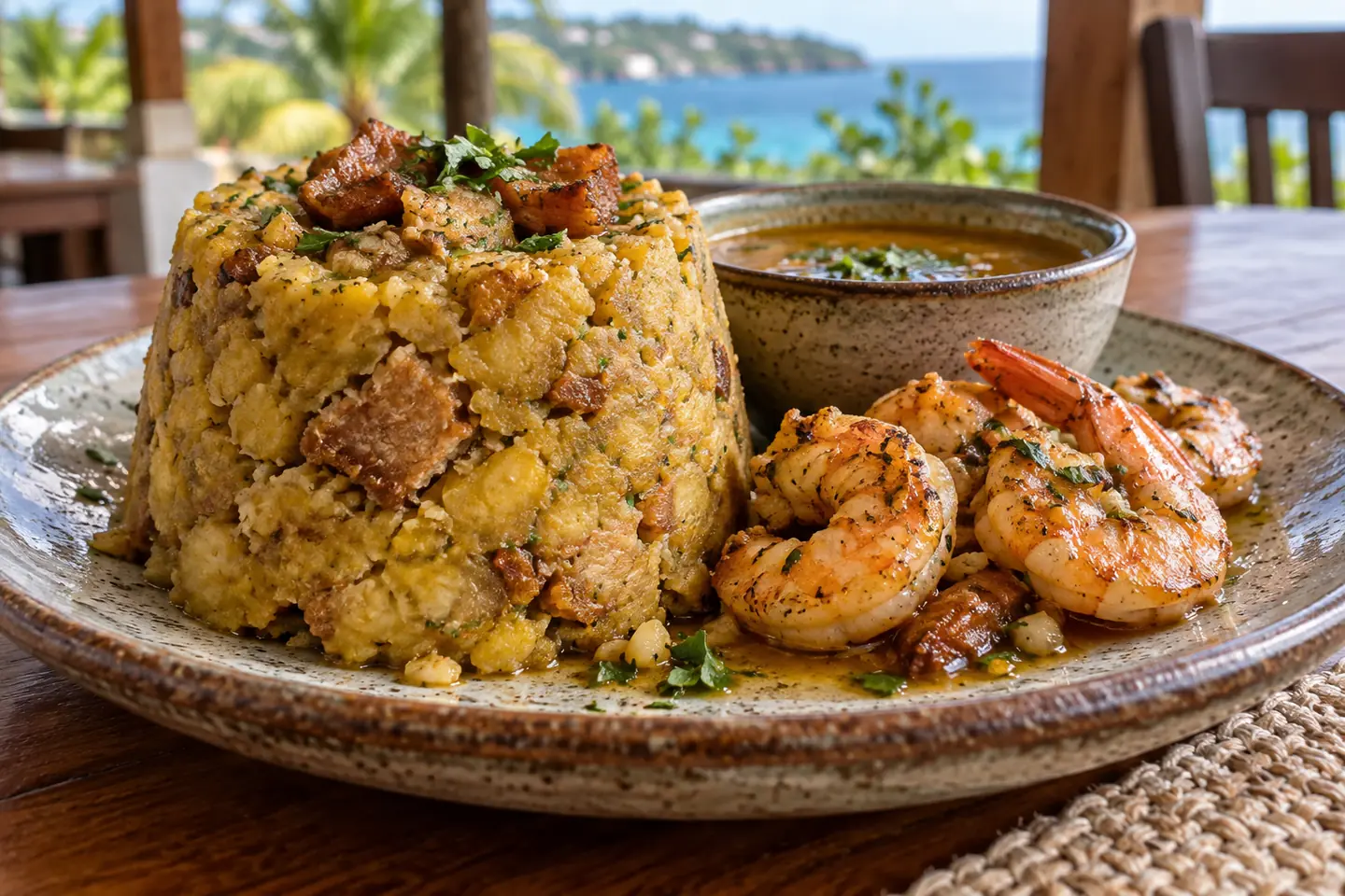 Dominican mofongo made from mashed fried green plantain with garlic and a side of broth