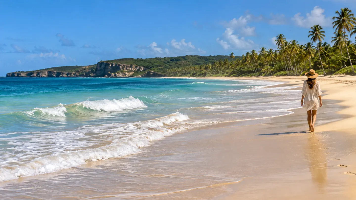 Traveler looking across the natural shoreline and turquoise sea at Macao Beach in Punta Cana