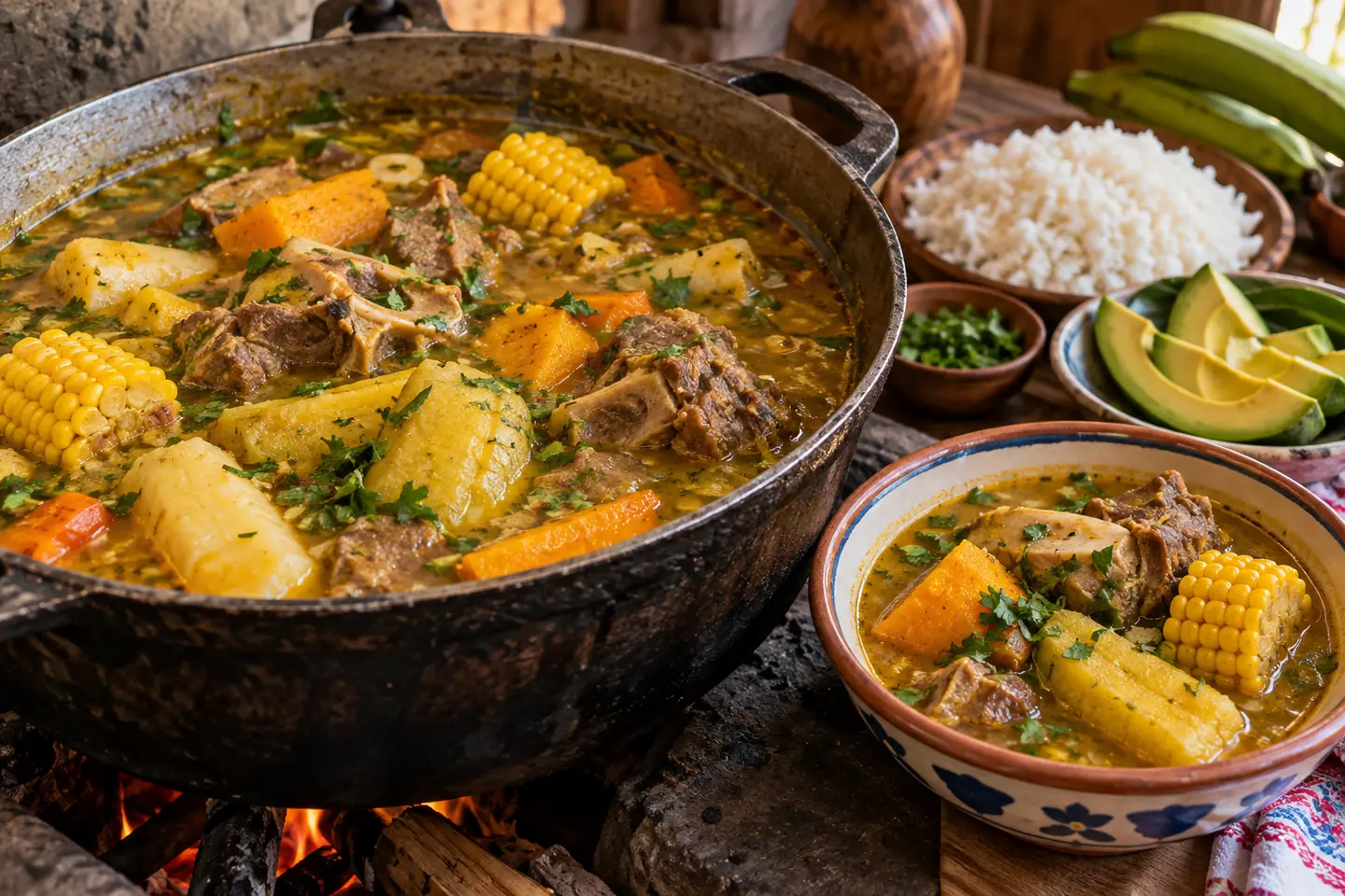 A pot of Dominican sancocho stew with root vegetables and herbs